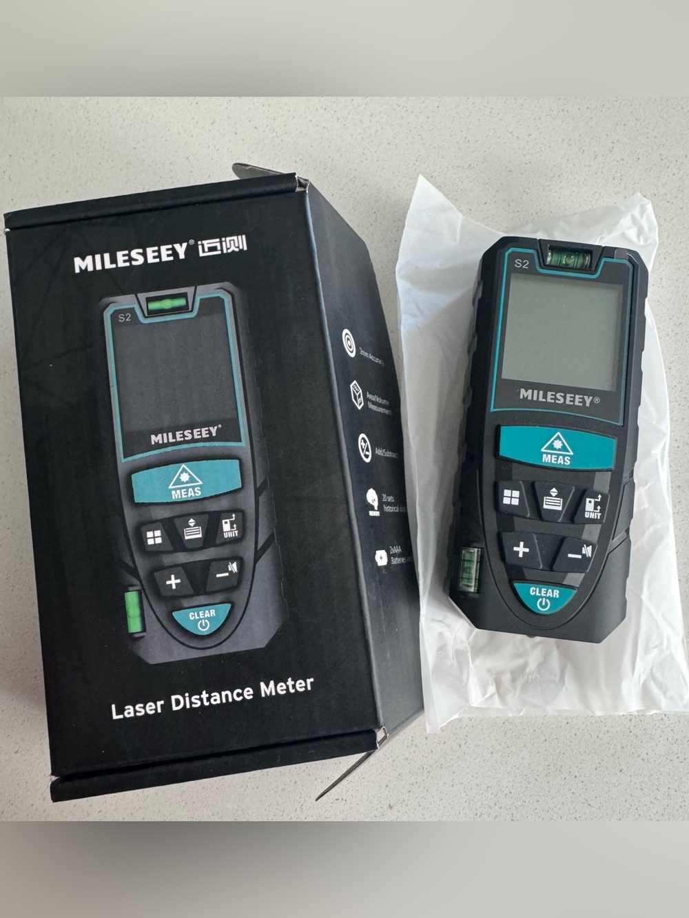 MILESEEY S2 Laser Distance Meter in Black with Teal Accents - Brand New in Box